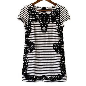 🟢 Anthropologie Postmark Womens Black White Striped Embroidered Cotton Dress XS